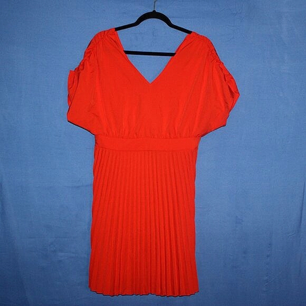SHEIN Orange Pleated V-Neck Midi Dress M - Picture 2 of 7
